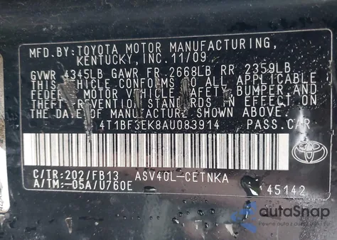2010 Toyota Camry Le from USA, damaged, VIN 4T1BF3EK8AU083914